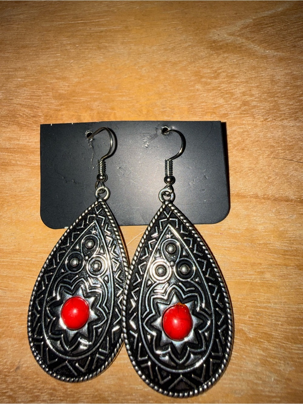 Bohemian Teardrop Silver Earrings with Red Stone